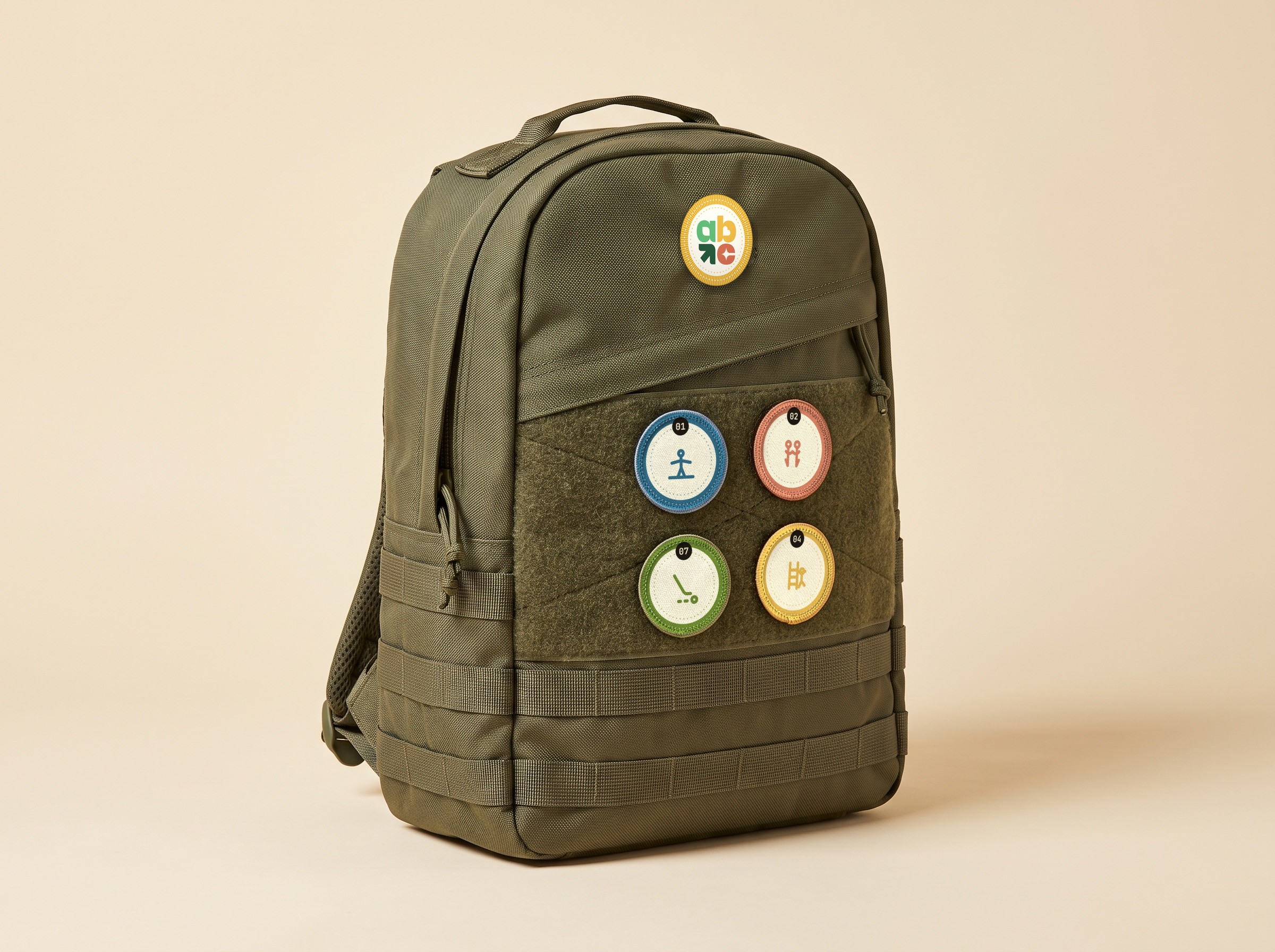 ABC expeditie-rugzak met de ABC-badge op de flap en vier verdiende badges op het klittenband-paneel