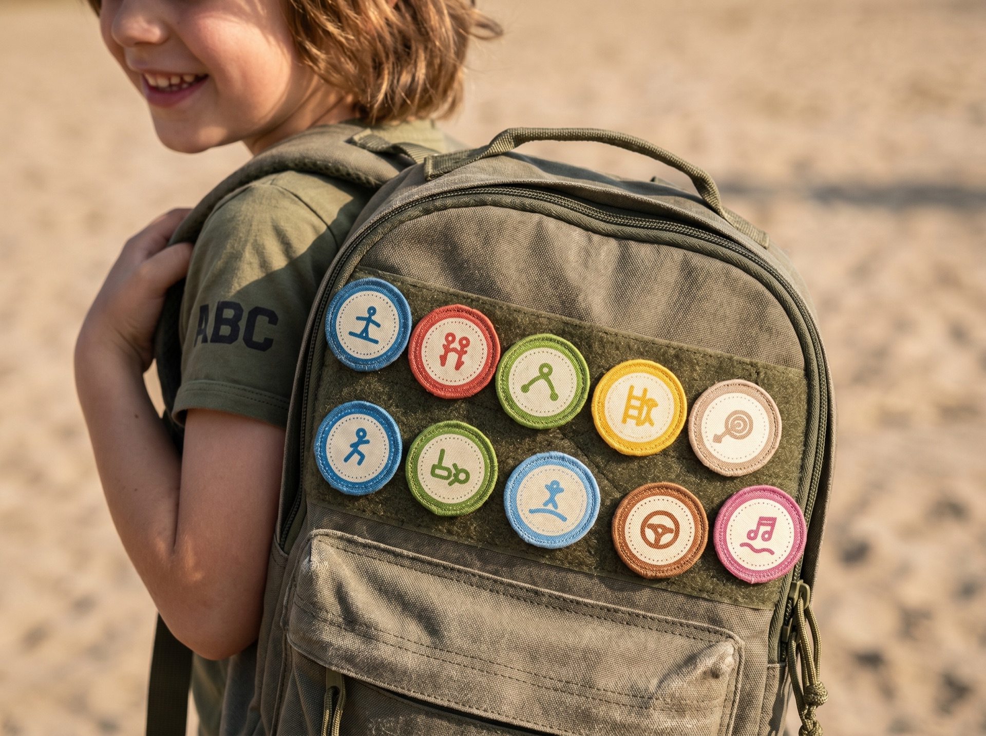 Kind met de ABC-rugzak vol verdiende badges